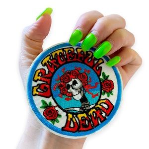Floral Grateful Dead Skull Embroidered Patch Iron On Accent Red Blue Yellow NEW